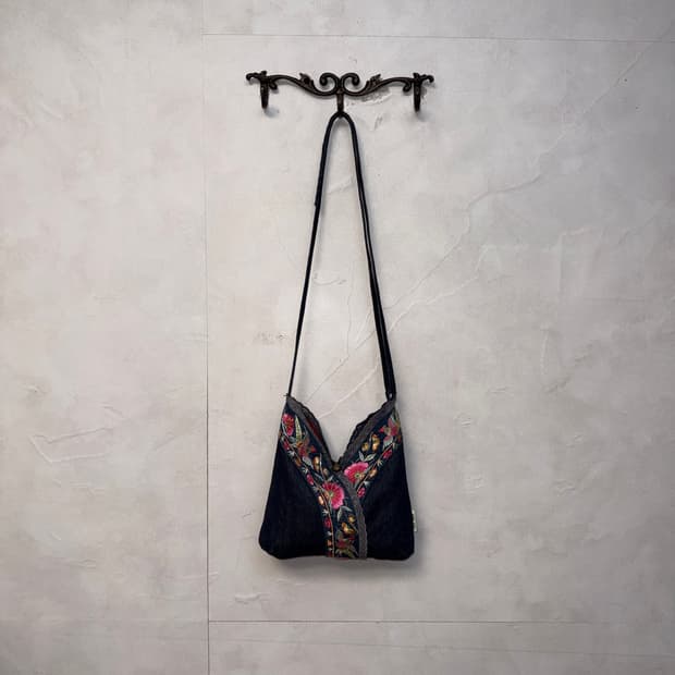 Denim oriental flower embroidered bag