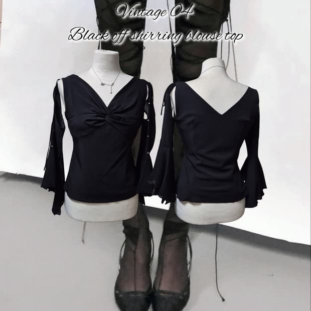 Vintage 04 Black off shirring blouse top