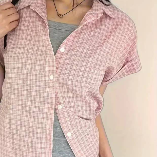 체크 반팔 셔츠 핑크색