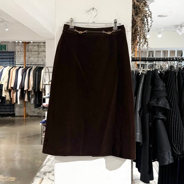 셀린느 90s 브라운 벨벳 체인 미디 스커트