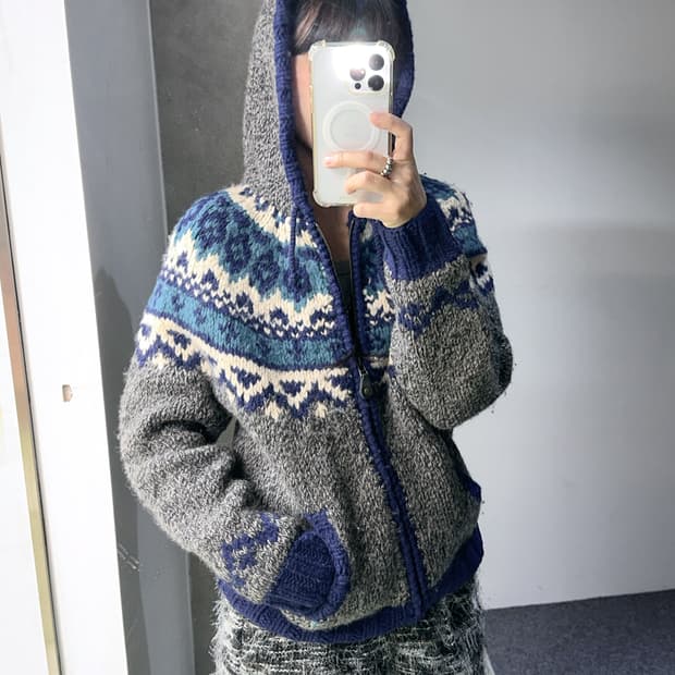 winter ethnic knit zip hoody