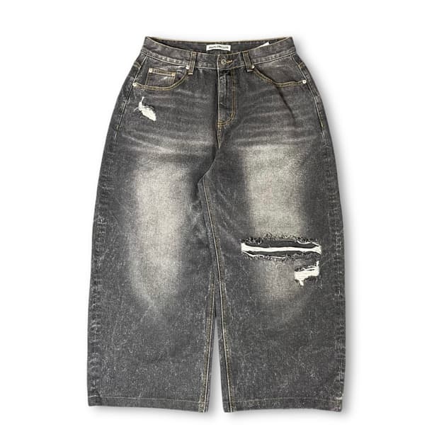 (32) 아놀로코드 흑청 워싱 와이드 데미지 데님 팬츠 M