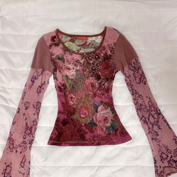 오리엔탈 대장 와인 핑크 플라워 롱슬리브 탑 일본빈티지 포더피피