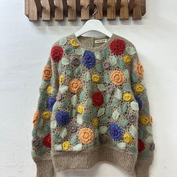 일본빈티지 울 모헤어 크로셰 멀티 컬러 플라워 자수 스웨터 니트 