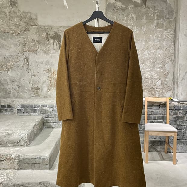 주카 골드 브라운 히든버튼 트위드 울 코트