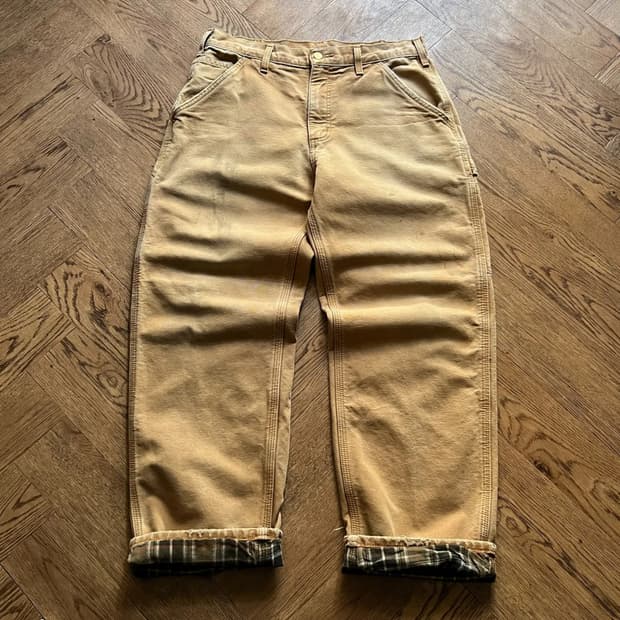 [32]칼하트 USA 체크 라이닝 더티워싱 브라운 싱글니 카펜터 워크팬츠