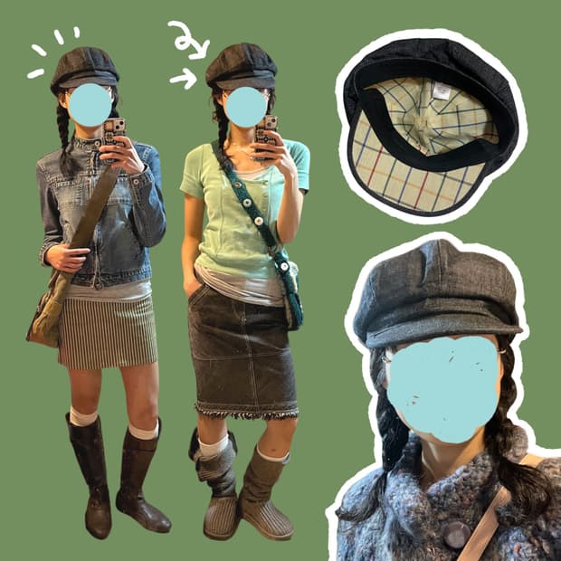 빈티지 체크패턴 안감 데님 뉴스보이캡