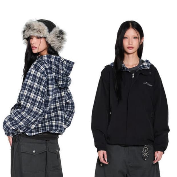 아캄 리버시블 체크 후드 자켓 블랙 