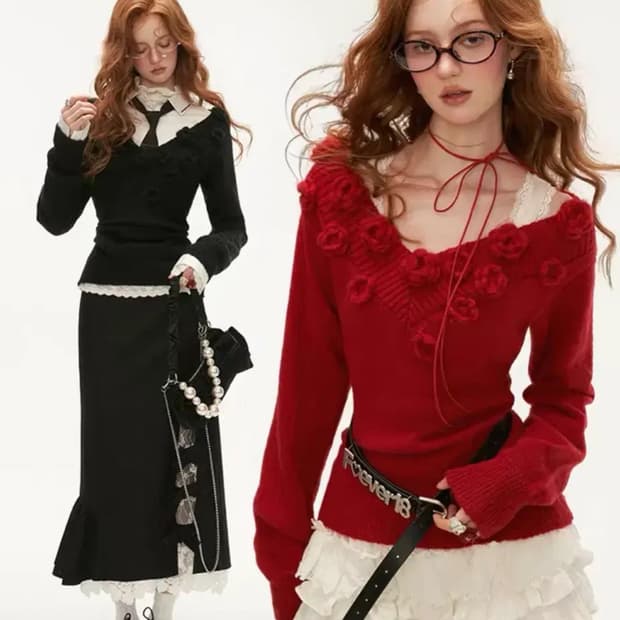 Mamc brand 플라워 니트 오프숄더 플로럴 아일릿 리즈리사 포