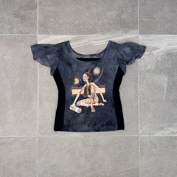Navy ancient girl graphic mesh top