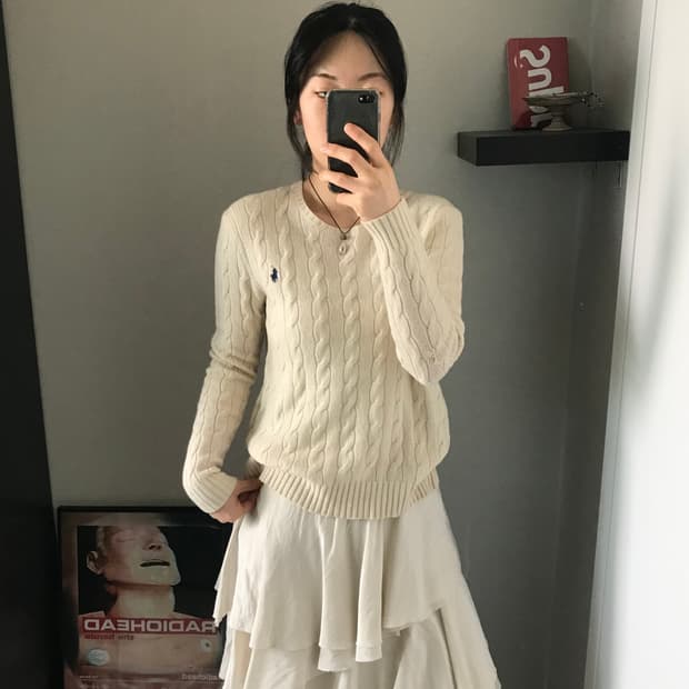 폴로 랄프로렌 메리노 울 포니로고 케이블 아이보리 니트
