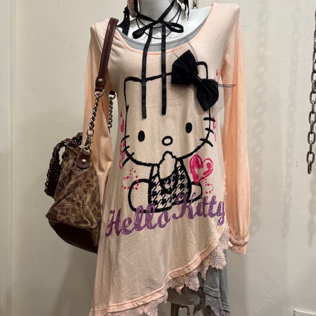 hello kitty 헬로키티 리본 그레이 레이어드 핑크 원피스 러블리