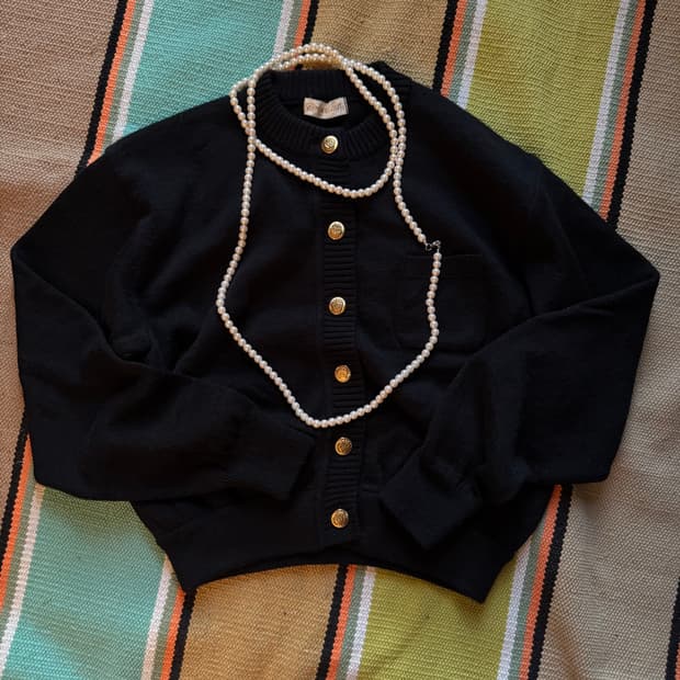 빈티지 금장 골드 버튼 딮 네이비 울 니트 가디건 아우터