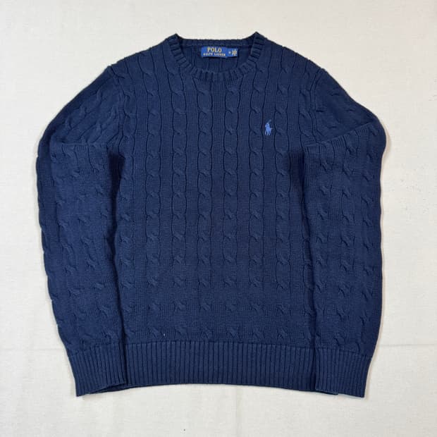 M) 폴로 랄프로렌 코튼 케이블 꽈배기 라운드넥 니트 네이비