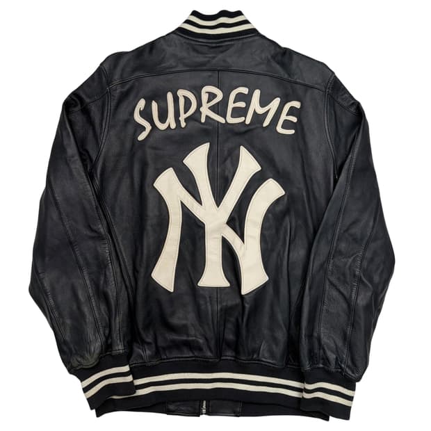 슈프림 X 뉴욕 양키스 네이비 레더 바시티 자켓 M