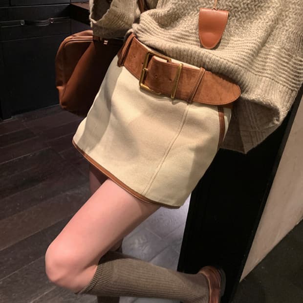 빈티지 브라운 벨트 아이보리 미니 스커트 (벨트포함)