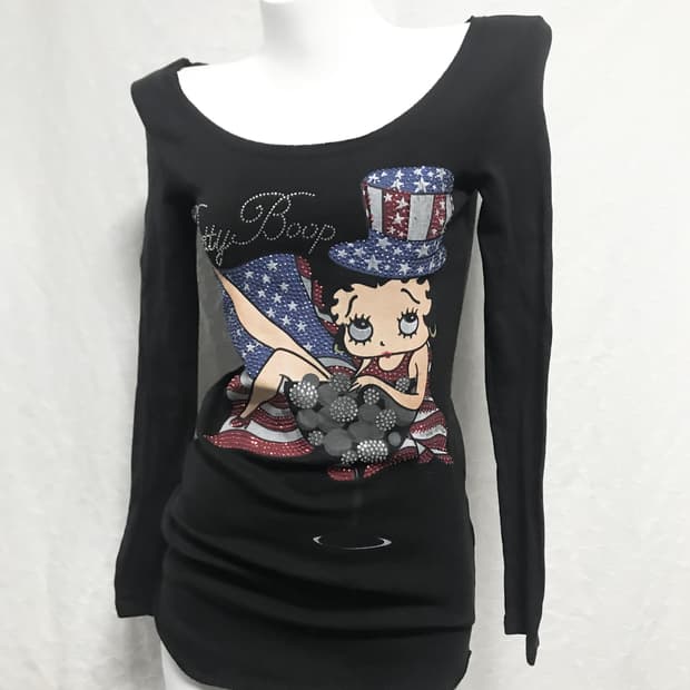 빈티지 갸루 펑크 베티붑 큐빅 딥 유넥 롱슬리브 탑