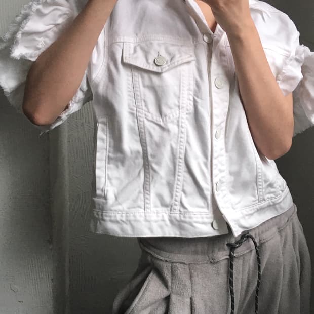 MSGM 엠에스지엠 화이트 퍼프 슬립 크롭 데님 자켓