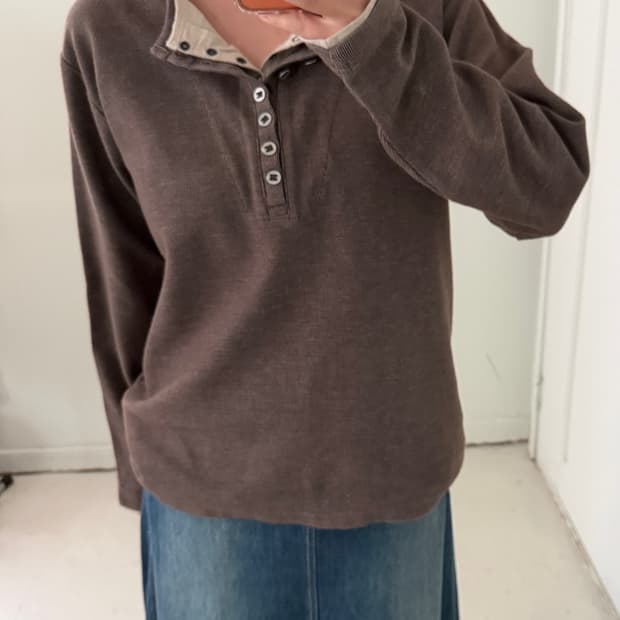 일본빈티지 브라운 레이어드 헨리넥 티셔츠