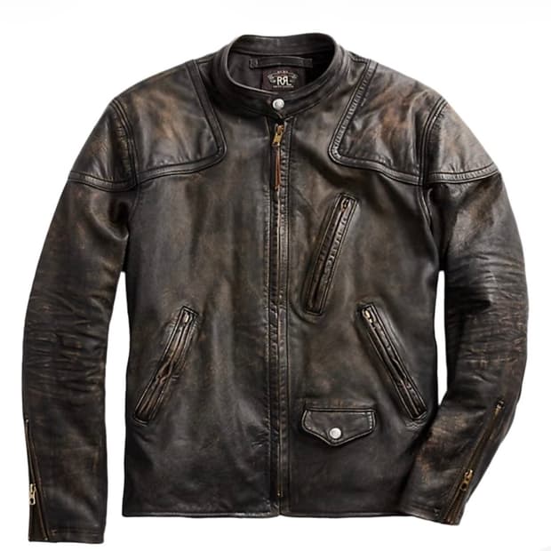 RRL 슬림 핏 레더 모토 자켓 블랙