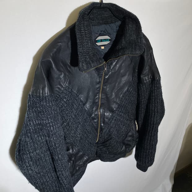 L)87년 제조 VTG 레더 패치 니트 집업 자켓 점퍼