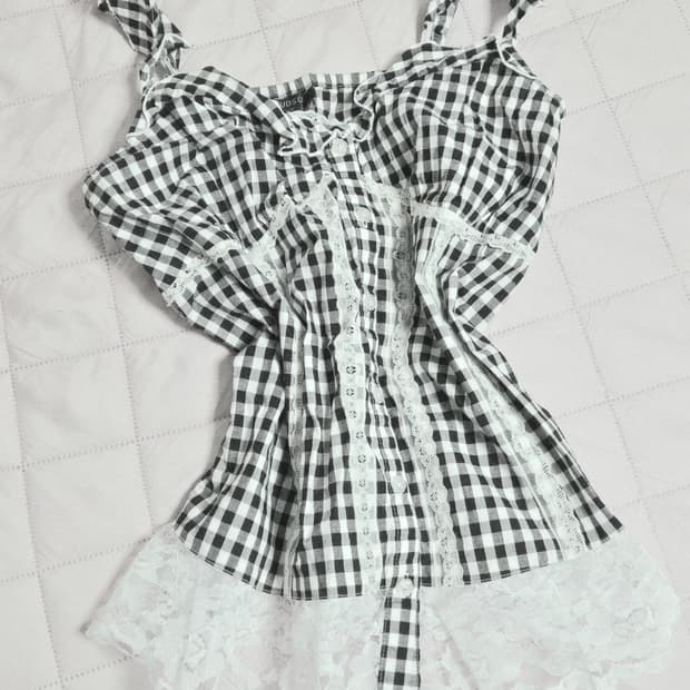 블랙 화이트 무채색 체크 슬리브리스 일브 빈티지 갸루 고딕 레이스 핀터