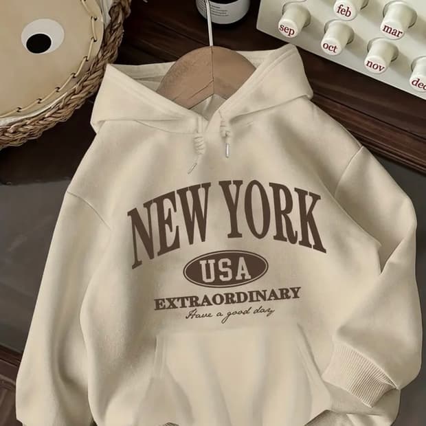 NEW YORK 레터링 기모 후드티 아이보리 S 