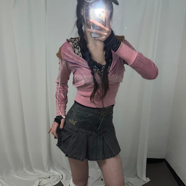 Y2K 핑크 벨루어 양털 크롭 후드집업