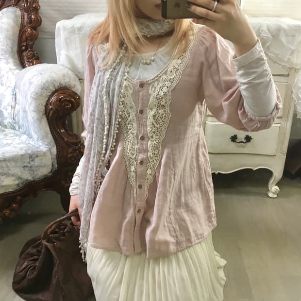 일본빈티지 핑크 모리 레이스 블라우스