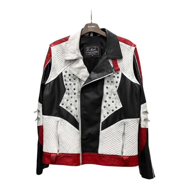 USA VINTAGE 레더 레이싱 자켓 백패치 스터드 지퍼 디테일 화이트