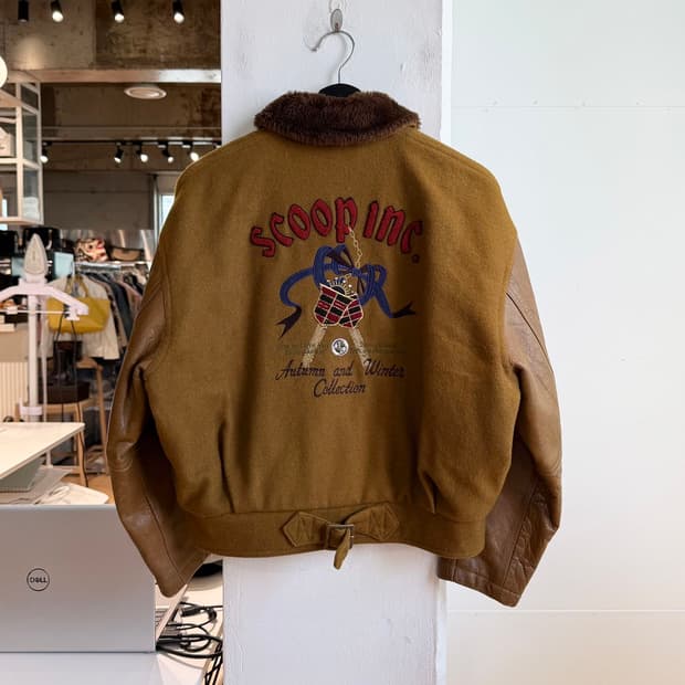 스쿱 nyc 브라운 빈티지 레더 울 자켓