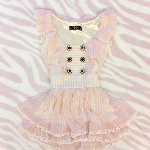 로지타 핑크 스트라이프 버튼 쉬폰 프릴 원피스 히메갸루 러블리 헤이세이