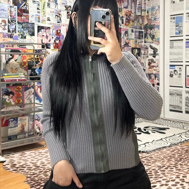 빈티지 골지 스웨이드 배색 슬림핏 니트 집업