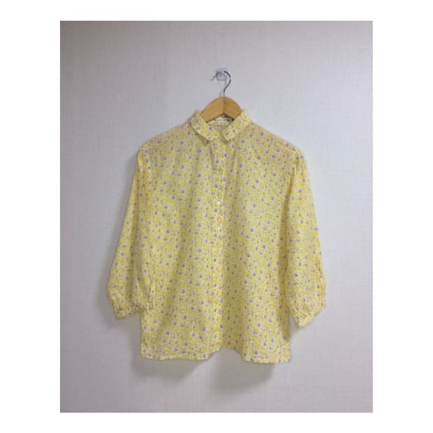 빈티지 옐로우 잔꽃 플라워 7부 소매 블라우스