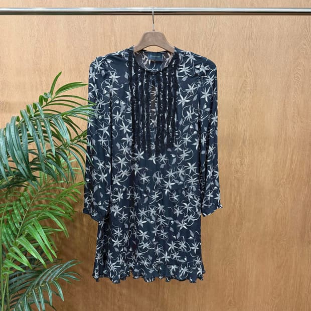 쟈딕 앤 볼테르 실크 미디 원피스 플로럴 프린팅 레이스 플리츠 장식 블랙