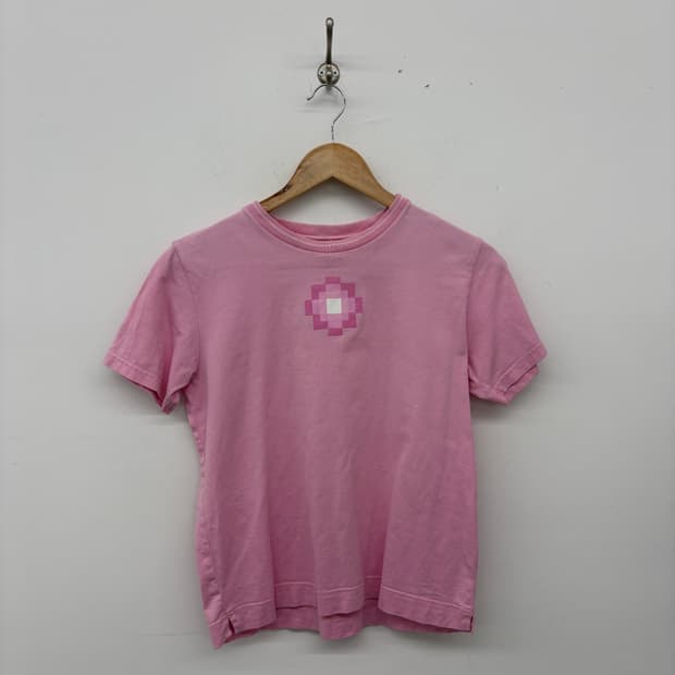 꾸레쥬 핑크색 꽃 자수 크롭 반팔 티셔츠 여성S