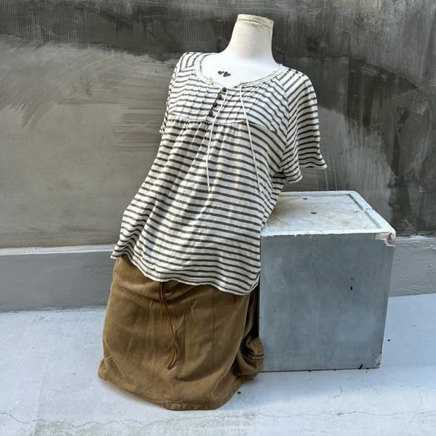 일본빈티지 모리깔 그린 스트라이프 로프 반팔티