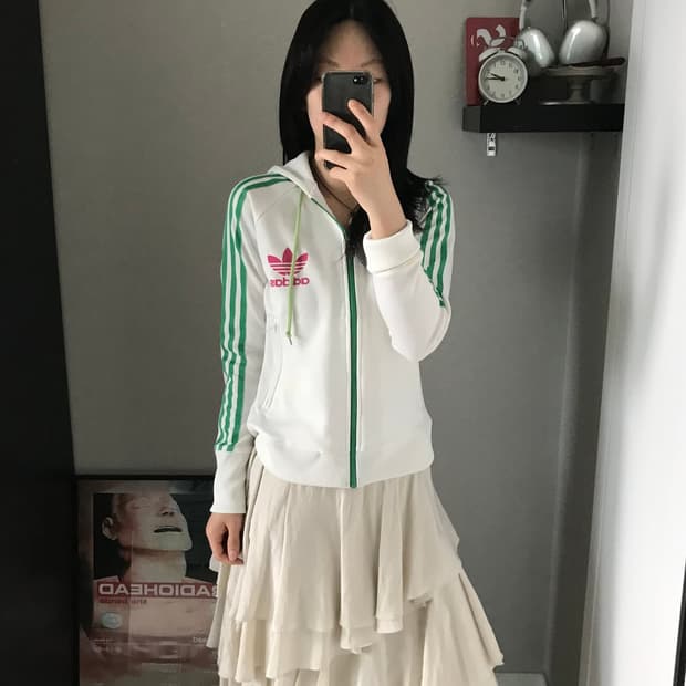 아디다스 00년대 올드스쿨 트레포일 화이트 후드 트랙탑 져지