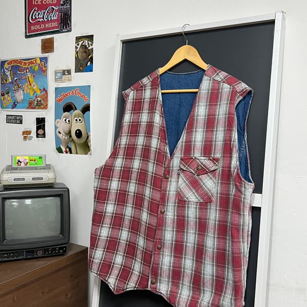 90's Levis 리바이스 리버시블 체크 데님 웨스턴 베스트