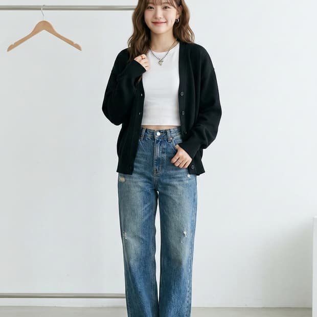 LOHNT 론트 코튼 100% 브이넥 가디건 블랙