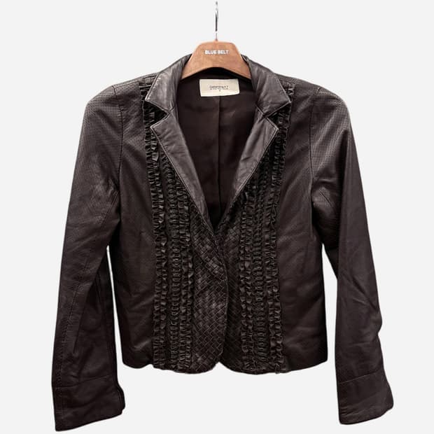 JPN VINTAGE 쉽스킨 크롭 레더자켓 펀칭 프릴 앤 위빙 디테일