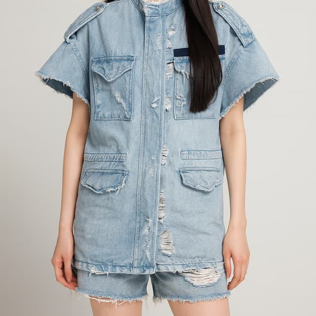 LAP 데님 반팔 야상 자켓 데미지 스타일_FREE