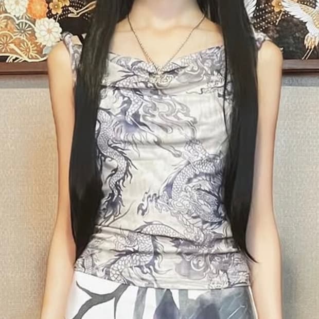 오즈온st 동양풍 용 프린팅 슬리브리스
