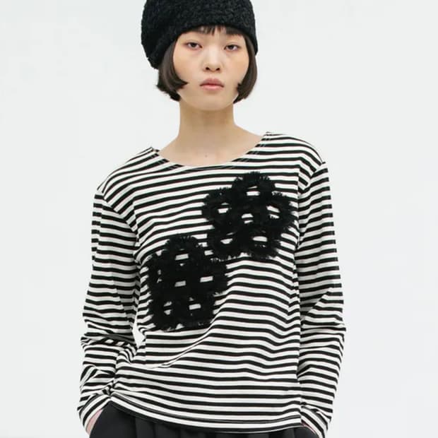 [생긴스튜디오] FLOWER LACE STRIPE LONG SELLEVE