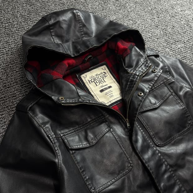 헤리티지 1981 빈티지 타탄 체크 후드 레더 자켓 1430