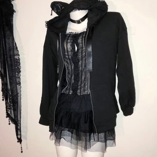 고스펑크 레이스 고양이 귀 네코 후드집업 블랙