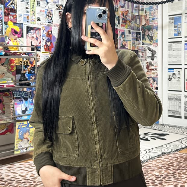JPN 카키 브라운 배색 코듀로이 누빔 점퍼