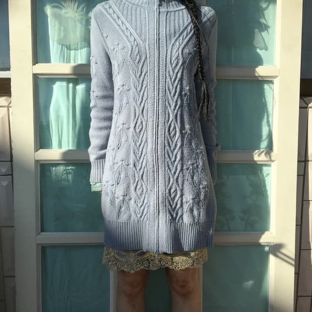 Cable pattern high neck knit zip up