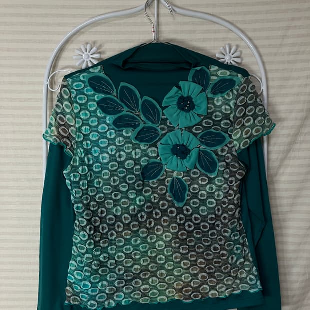 빈티지 그린 플라워 넥 블라우스 y2k 스트릿 갸루 펑키 일본빈티지663