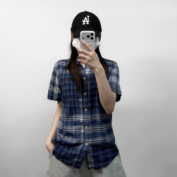 폴로 랄프로렌 포니 로고 체크 린넨 반팔셔츠